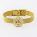 Gold-plated mesh strap bracelet with shimmering zircon letter U pendant, adjustable. - Letter U Style