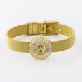 Gold-plated mesh strap bracelet featuring a sparkling round zirconia letter W pendant. - Letter W Style