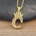 Gold Letter C Crown Pendant Necklace with Colorful Zirconia Stones Elegant Fashion Jewelry - Letter C