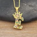 Gold-plated letter E crown pendant necklace with colorful cubic zirconia fashion jewelry. - Letter E