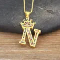 Gold crown letter N pendant necklace with multicolored cubic zirconia stones for women fashion. - Letter N