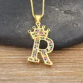 Gold Crown Letter R Pendant Necklace with Colorful Zircon Stones for Women Jewelry - Letter R