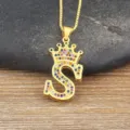 Gold Letter S Crown Pendant Necklace with Colorful Zircon Stones Fashion Women Jewelry - Letter S