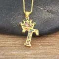 Gold letter T crown pendant necklace with colorful cubic zirconia stones for women variant. - Letter T