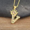 Gold color letter V pendant necklace with multi-color cubic zirconia and crown top chic jewelry. - Letter V