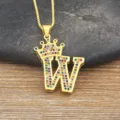 Gold-plated colorful zircon letter W crown pendant necklace, stylish jewelry for women. - Letter W