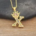 Gold-plated crown letter X pendant necklace with colorful cubic zirconia stones for women. - Letter X