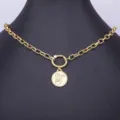 Collana stile punk placcata oro 18k catena grossa con ciondolo mano di hamsa e occhio - Collana Piastra Amuleto Rétro Sole Luna (N576)