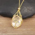 Gold plated natural crystal stone cage pendant necklace with adjustable chain for women jewelry - White