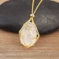 Gold plated adjustable crystal net cage necklace with raw stone pendant for women - White