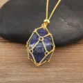 Adjustable Gold Plated Natural Stone Net Pocket Necklace Fashion Crystal Pendant Jewelry - Dark Blue