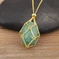 Natural Green Crystal Wire Wrapped Cage Pendant Necklace Gold Plated Jewelry Gift - Green