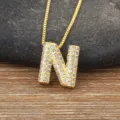 Gold micro-paved cubic zirconia full drill letter N pendant necklace, elegant clavicle chain. - Letter N