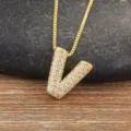 Gold Letter V Pendant Necklace Micro-Set Cubic Zirconia Shining Clavicle Chain Jewelry - Letter V