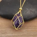 18K Gold Plated Crystal Net Cage Necklace Natural Amethyst Irregular Raw Stone Pendant Jewelry - Purple