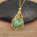 Natural green crystal stone cage metal bamboo chain necklace, gold plated pendant, adjustable. - Green