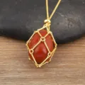 Copper Plated Gold Wire Cage Natural Crystal Pendant Necklace Red Stone Jewelry Accessory - Rose Red