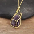 18K Gold Plated Natural Amethyst Stone Cage Pendant Necklace Adjustable Bamboo Chain Jewelry - Purple