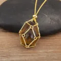 Natural Tigers Eye Stone Pendant Necklace Gold Plated Adjustable Crystal Cage Jewelry - Brown