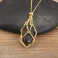 18K gold plated natural crystal cage pendant necklace with adjustable chain metal bamboo design - Brown