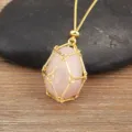 18k gold plated copper cage necklace with natural pink crystal stone pendant for women fashion jewelry - Pink