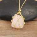 Rose Quartz Metal Cage Pendant Necklace Gold Plated Adjustable Chain Pink Crystal Variant - Pink
