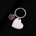Stainless steel metal keychain with red glitter dog paw charm and blank heart pendant DIY. - Slanted Heart Shape with Red Glitter Dog Paw / 30x28.5mm / Silver