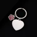 Stainless steel key chain with glitter paw charm and heart pendant for personalized gifts. - Heart Tag (30mm) with Pink Glitter Dog Paw / Silver