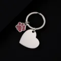 Stainless steel metal keychain detail featuring glitter dog paw charm and blank heart pendant. - Slanted Heart Shape with Pink Glitter Dog Paw / 30x28.5mm / Silver