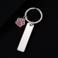 Stainless steel keychain with glitter puppy paw charm and blank tag for custom laser engraving. - Rectangle Bar (50X12mm) with Pink Glitter Dog Paw / Silver