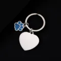 Stainless steel keychain with blue glitter dog paw and blank heart charm for custom engraving. - Heart Shape with Glitter Blue Dog Paw / 1 Piece (30mm) / Silver