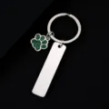 Stainless steel keychain with green glitter paw pendant and blank engravable tag detail view. - Rectangle Bar (50X12mm) with Green Glitter Dog Paw / Silver