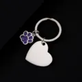 Stainless steel metal keychain with purple glitter paw print and blank heart pendant. - Slanted Heart Shape with Purple Glitter Dog Paw / 30x28.5mm / Silver