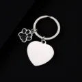 Stainless steel metal keychain detail showing glitter dog paw and blank heart charm for engraving. - Heart Shape with Glitter Black Dog Paw / 1 Piece (30mm) / Silver