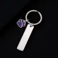 Stainless steel keychain with purple glitter paw print pendant and blank metal engraving tag. - Bar Tag (50X12mm) with Purple Glitter Dog Paw / Silver