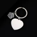 Stainless steel keychain detail showing heart pendant and glitter paw charm for engraving. - Heart Shape with Glitter Gray Dog Paw / 1 Piece (30mm) / Silver