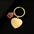 Gold metal keychain featuring a red glitter paw print and heart pendant for laser engraving. - Heart Shape with Glitter Red Dog Paw / 1 Piece (30mm) / Gold