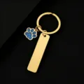Gold stainless steel keychain with blue glitter paw charm and blank tag for engraving. - Bar Tag (50X12mm) with Blue Glitter Dog Paw / Gold