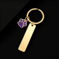 Stainless steel gold-plated keychain with purple glitter paw charm and blank tag. - Bar Tag (50X12mm) with Purple Glitter Dog Paw / Gold