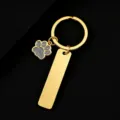 Stainless steel keychain with glitter paw charm and blank metal tag for custom laser engraving. - Rectangle Tag with Gray Glitter Dog Paw / 50x12mm / Gold