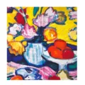 Vista dettagliata della sciarpa in seta stile pittura a olio con stampa floreale e di frutta. - A601-Mela