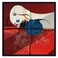 Detailed close-up view of the artistic abstract painting silk scarf featuring vivid floral patterns. - Red