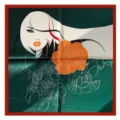 Silk square scarf featuring artistic abstract women face and floral print for women elegant daily wear. - Green
