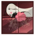 Women artistic abstract face print silk square scarf, elegant red decorative neckerchief. - Burgundy