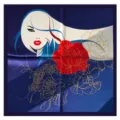 Artistic abstract print silk scarf for women, elegant square satin neckerchief for daily wear. - Blue
