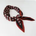 Women pleated square scarf stylish red black plaid neckerchief soft satin head wrap - 68x68cm / Red