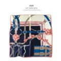 Detailed view of luxury silk scarf featuring classic belt and floral equestrian print design. - 65x65cm / Pink