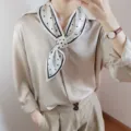 Elegant silk neck scarf with black border and minimalist pattern for women professional look. - 75x15cm (M603) / White