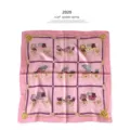 Luxurious mulberry silk square scarf featuring elegant carriage and chain print for women. - 65x65cm / Pink