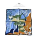 Seidentuch für Damen, luxuriöser quadratischer Seidenschal mit Kunstprint, elegante Accessoires. - Klassischer Illustrationsdruck (P606) / 53x53cm / Blau
